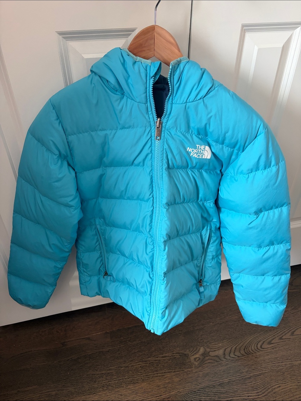 The North Face Kids Bright Turquoise Reversible Hooded Puffer Jacket